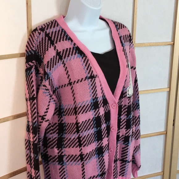 Forever 21 Pink/Black Plaid Cardigan Sweater Sz M - Picture 3 of 5